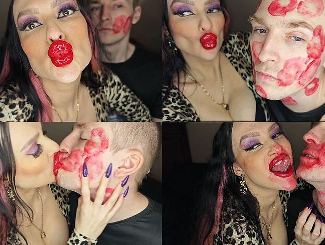 Download: Princess18xxx - Saftige, klebrige, laute, aggressive Küsse über das ganze Gesicht eines Mannes mit rotem Lippenstift