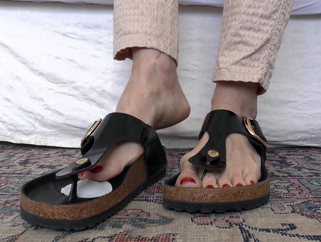 Download: ValenteVictoriaLady - Schwarze Flip-Flop Zehen Trenner Sandalen und Fuß Leder Pelotten