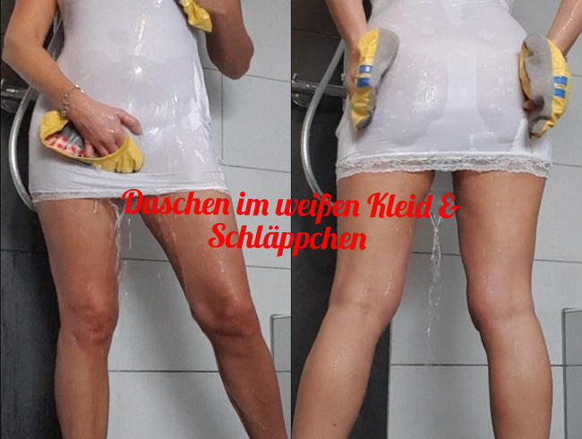 Download: lynli - Duschen im weißen Kleid & Schläppchen, behaart